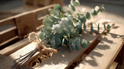 A rustic bunch of dried eucalyptus branches tied with twine resting on weathered wooden planks.