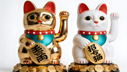 Golden and White Maneki Neko Figurines on Coins.