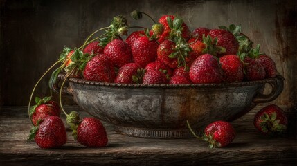 A Rustic Metal Bowl Overflowing with Vibrant, Ripe Florida Strawberries on a Wooden Surface