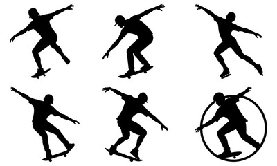 Obraz premium Skateboarder Silhouettes in Various Positions on White Background skateboarding action