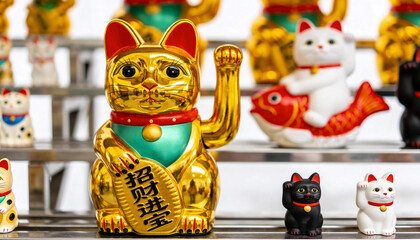 Golden Maneki Neko Figurine with Other Cats.