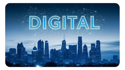 Modern cityscape at dusk with digital network connections and city lights