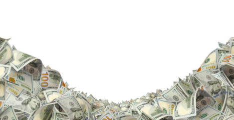 Hundred dollar bills forming a lower frame, isolated on transparent cutout background