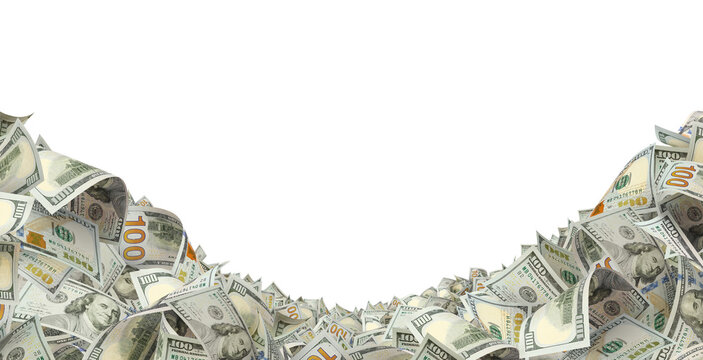 Hundred dollar bills forming a lower frame, isolated on transparent cutout background