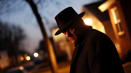 A mysterious figure with a hat stands in the dim, twilight street, casting long shadows. His dark attire blends into the night, creating an air of suspense and intrigue.