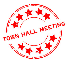 Grunge red town hall meeting word with star icon round rubber seal stamp on white background
