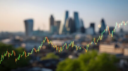 A modern cityscape skyline overlaid with a dynamic financial market trading graph