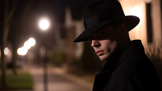 Intrigue and mystery in the night: a man in a hat, illuminated by streetlights, casts a shadow of suspense and secrecy, evoking a classic film noir aesthetic. - Powered by Adobe