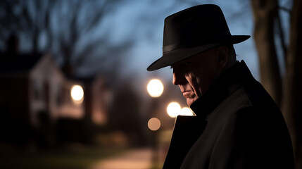 A figure stands in the shadows, wearing a hat and coat. The scene is dimly lit, with houses and trees in the background, creating a mysterious and somber atmosphere.