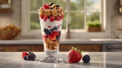 A Tall Glass of Layered Yogurt Granola and Fresh Berries in a Sunlit Kitchen Setting