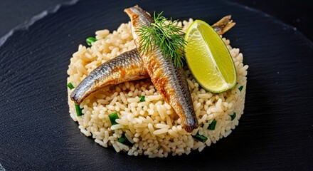 Gourmet Hamsili Pilav, Artfully Plated on a Dark Slate With Vibrant Herbs