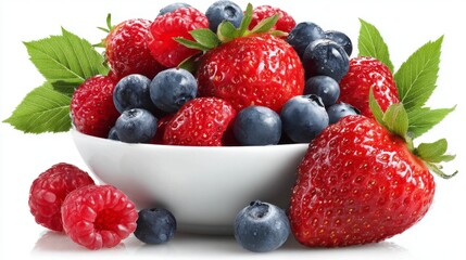 A vibrant bowl overflowing with ripe, colorful strawberries, blueberries, and raspberries, perfect for a healthy and delicious treat.