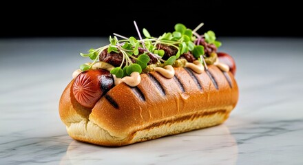 Gourmet Hot Dog With Artisanal Toppings on a Sleek Countertop