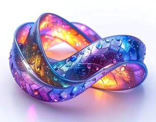 Abstract iridescent ribbon shape with textured surface, water droplets, and glowing interior