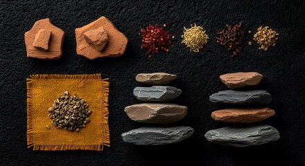 Flat lay composition of natural elements stacked slate stones, s