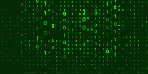 Green binary code background with glowing 0, 1 numbers, creating a dynamic digital matrix. Ideal for technology, data, and cyber security concepts or presentations.