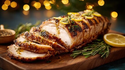 Delicious roasted pork loin with lemon and rosemary, perfect for festive dining