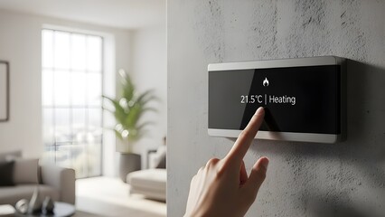 Hand adjusting smart digital thermostat on wall to heating mode for home temperature control