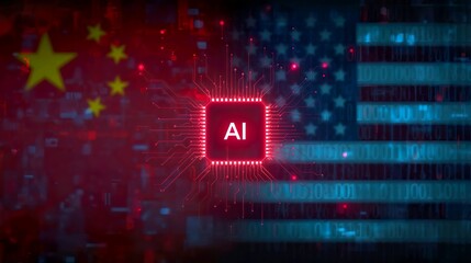 Global AI Technology Competition Concept with Microchip over USA and China Flags