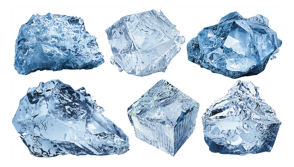 Collection of Realistic Ice Cubes and Jagged Frozen Crystal Chunks Isolated on Black Background
