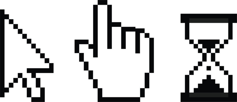 Retro pixel art computer cursor set including arrow, hand pointer and hourglass loading icon vector