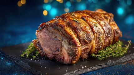 Perfectly roasted prime rib on a dark board with herbs and bokeh lights