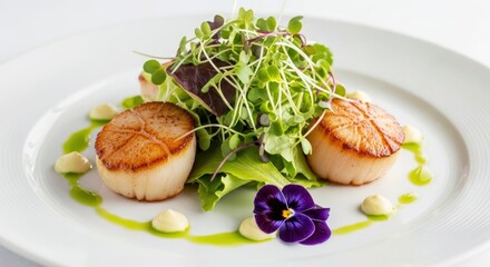 Gourmet Seared Scallop Salad With Microgreens, Sophisticated and Artistic Plating