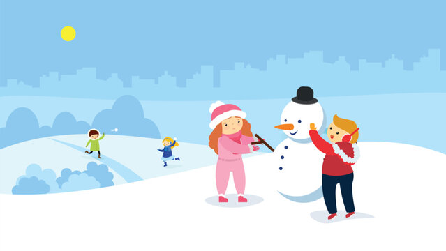 Children playing snowballs in the park. Vector illustration. Flat style.