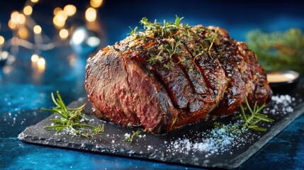 Delicious roasted beef joint with herbs and seasoning on a dark slate