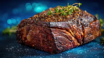 Perfectly roasted beef with fresh thyme on a dark blue background