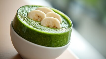 A vibrant, thick avocado and banana smoothie topped with fresh banana slices in a white bowl, perfect for a healthy breakfast.