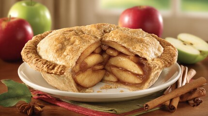 A warm, golden apple cinnamon pie is sliced open revealing its sweet, spiced fruit filling atop a white plate.