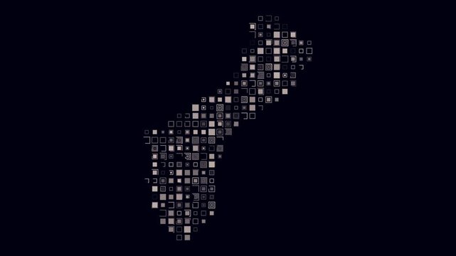 Guam map animation. Shape of the country with pulsating colored dots. Large size square blocks. Digital style Guam map on dark background. Abstract video.