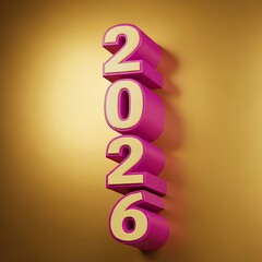 Three dimensional pink number 2026 displayed vertically against gold wall
