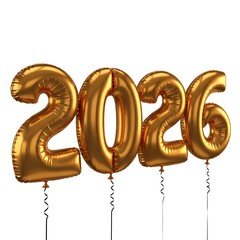Golden foil balloons forming the number 2026 isolated on white background