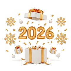 Golden 2026 balloons with gift boxes and snowflakes isolated on white background