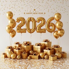 Golden balloons and gift boxes celebrating the new year 2026