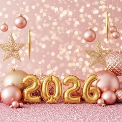 Golden 2026 balloons and rose gold ornaments for new year celebration