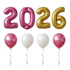 Pink and gold foil balloons spelling out the year 2026 isolated on white background