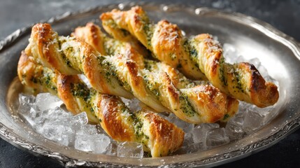 Savory pesto cheese puff pastry twists on a silver platter with ice