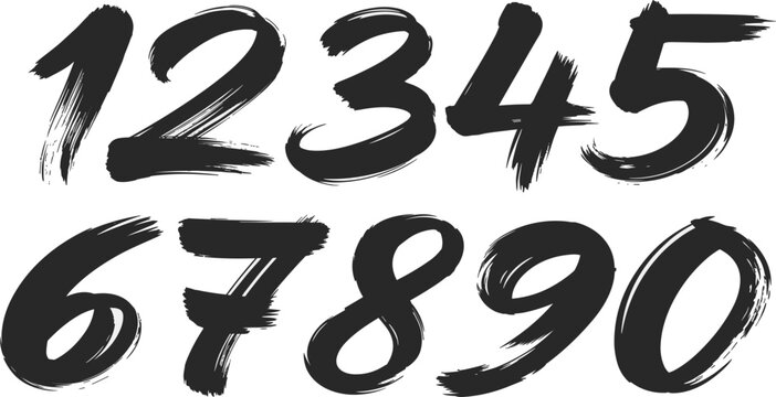 Hand drawn brush stroke number set from zero to nine, black textured ink calligraphy vector