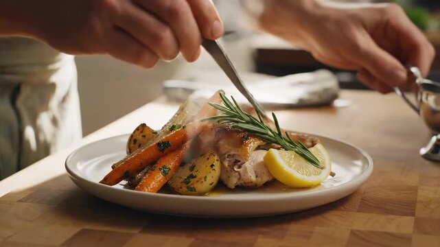 Chef plating roasted chicken and vegetables on a white plate in warm sunlight