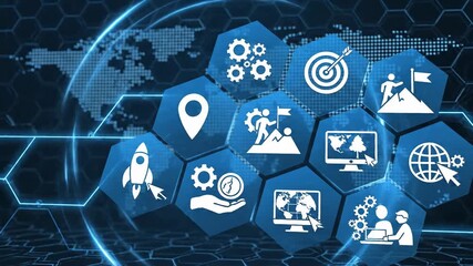 Global business strategy and digital transformation icons on world map background - Powered by Adobe