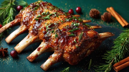 Gourmet roasted rack of ribs with festive holiday garnishes on a dark background
