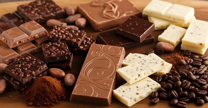Assorted chocolate bars&mdash;dark, milk, and white&mdash;surrounded by cocoa beans, powder, and coffee beans on wood.