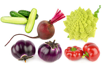 Assortment of fresh organic vegetables isolated on white background.