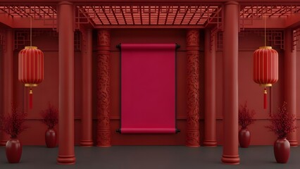 Traditional chinese architecture with red lanterns and columns in a decorative building