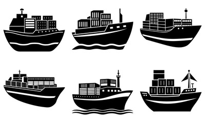 Six Black and White Cargo Ships Silhouettes on Transparent Background container ship