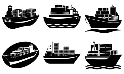 Six Black and White Cargo Ships on Transparent Background container ship silhouette
