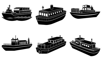 Six Different Types of Black and White Boat Silhouettes on White Background